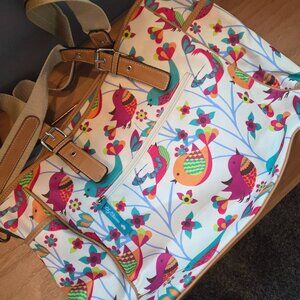 Lily Bloom Birds and Flowers Satchel  Print Canvas & Faux Leather Tote Bag Purse